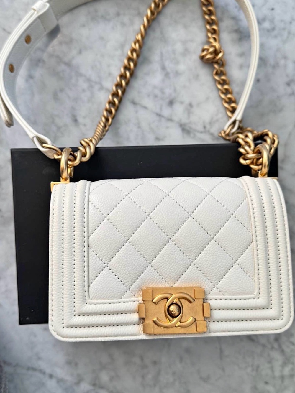 CHANEL Cream Quilted Boy Flap Crossbody with Gold Hardware